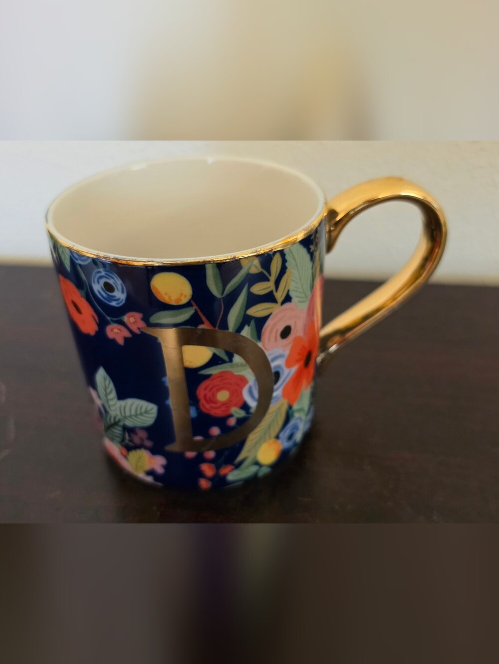 Anthropologie Rifle Paper Co. Navy Floral Initial Mug with Gold Handle